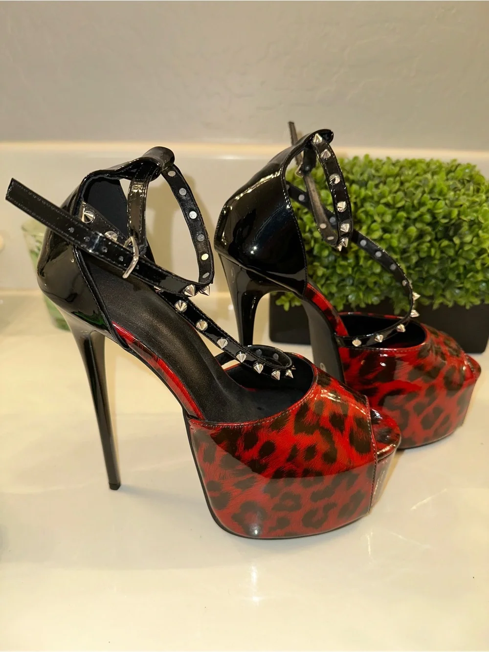 Red Leopard Patent Platform Ankle-Strap Pumps